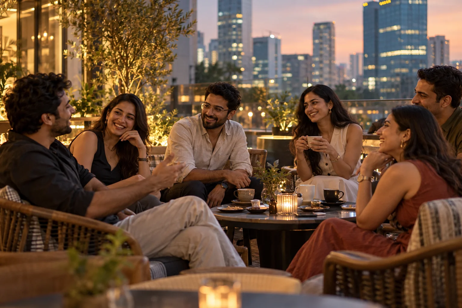 An illustrative group of adults enjoying a warm dinner together