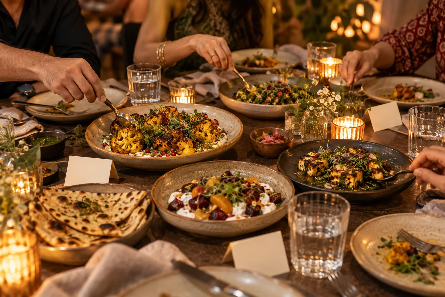 Illustrative sunny restaurant table with Indian dishes