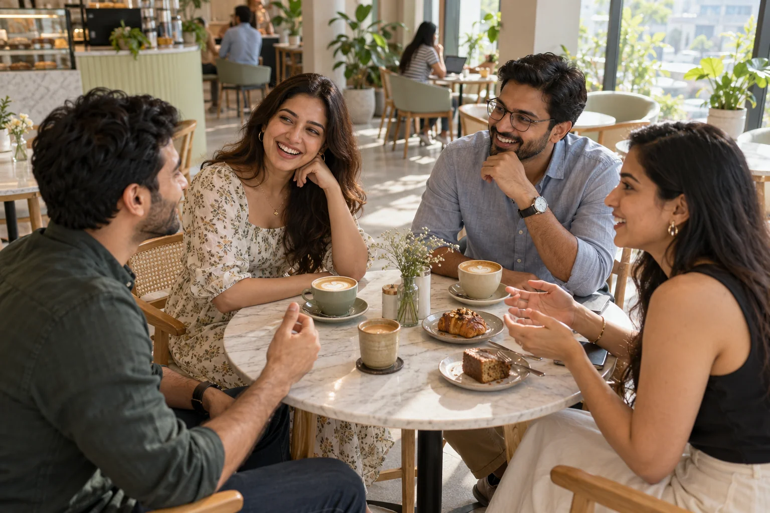 Illustrative Indian adults sharing coffee at an outdoor cafe